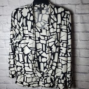 Alfani Layered Draped Animal Print Geometric Blouse, XL, Black & White
